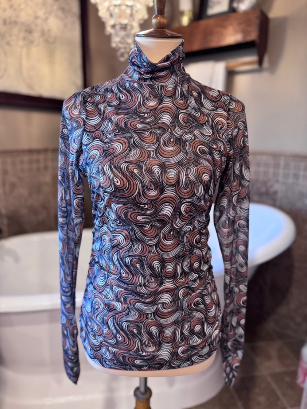 Cinq a Sept Swirl Shirred Mesh Turtleneck Top size medium